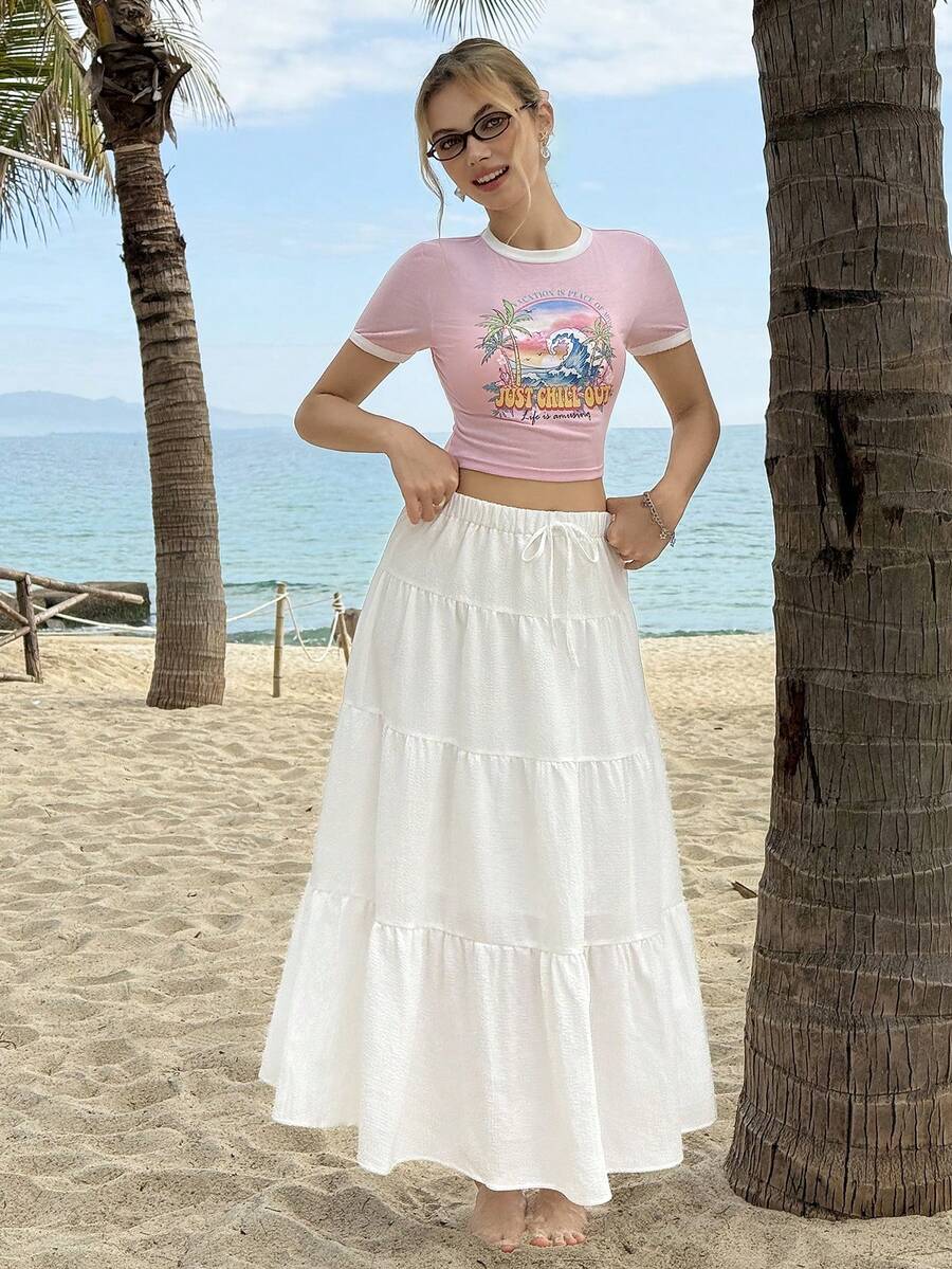 MainGRL Women's Round Neck Letter Print Short Sleeve Top And Pleated Cake Skirt Casual 2-Piece Set - Pink - View 1