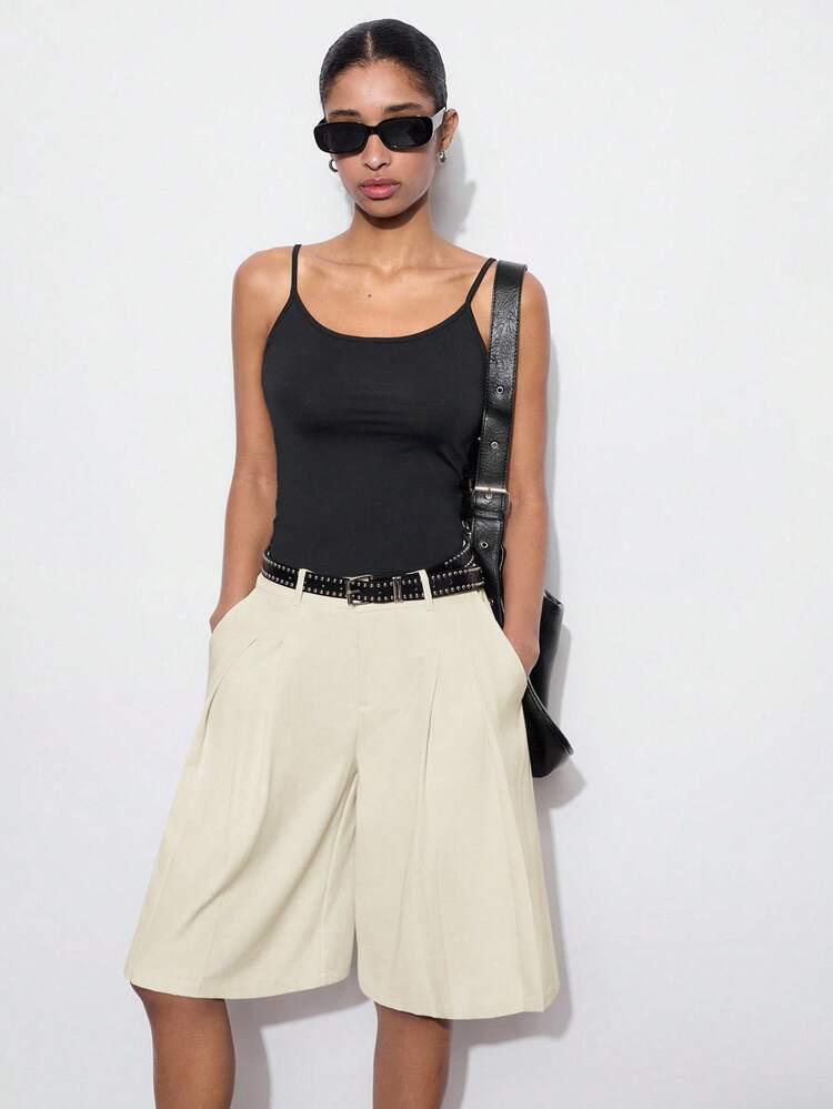 SHEIN Maija Apricot Casual Skort Capris For Women Plain Woven Fabric Semi Sheer With Zipper Detail