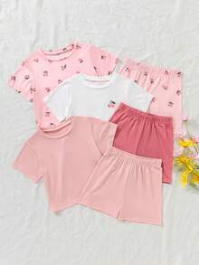 Vintaside Kids 3pcs Girls' Cute Mini Cherry Print Casual Loose Short Sleeve T-Shirt And Shorts Set, Suitable For Summer - Multicolor - View 1