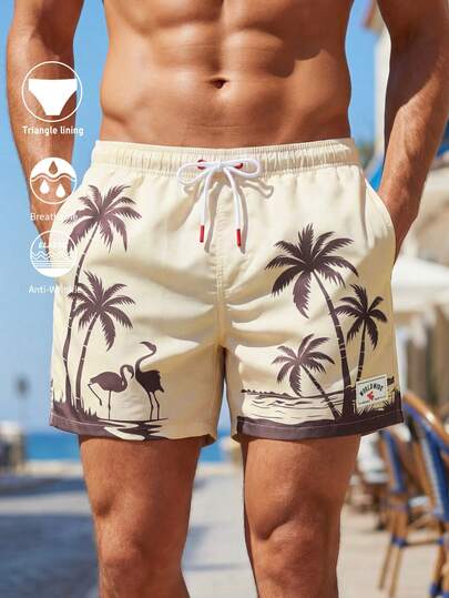 Manfinity Swimmode Shorts Casual Versátil para Uso Diário e Praia com Cordão na Cintura e Estampa de Árvore de Coco, para Homens