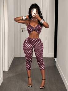 BamGleam 女士波点褶皱吊带背心和七分裤两件套休闲套装 女士波点露背上衣套装裤子套装 女士两件套 女士两件套休闲套装 女士夏季两件套 - 棕色 - 查看 6