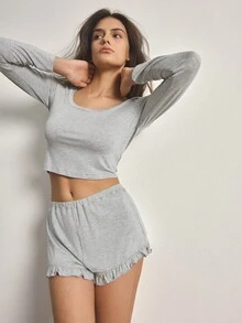 Ocili Women's Comfortable Solid Color Long Sleeve Top And Frill Trim Shorts Pajama Set, Summer - Grey - View 3