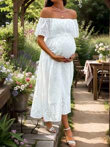 SHEIN Pregnant Women's Elegant Vacation Textured Off-Shoulder Dress, Summer - White - View 4