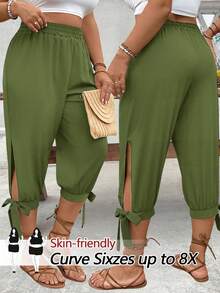 SHEIN CURVE+ Pantalones Capri de Talla Grande con Cintura Alta y Cordón, Primavera/Verano - Verde - Ver 1