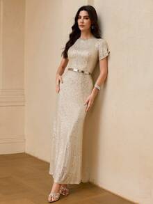 ZEYLAH ELEGANT SEQUIN EMBELLISHED LONG DRESS FOR WOMEN - Apricot - View 7