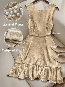 SHEIN Clasi Plus Size Women's Elegant Champagne Summer Formal Dress,Metallic Shiny Pearl Decor Round Neck Sleeveless Foil-Print Vintage Short Dress For Party - Gold - View 7