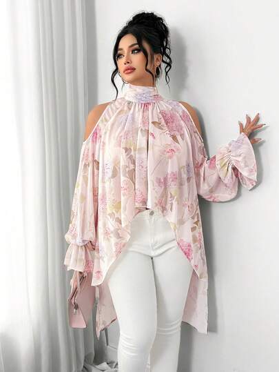 Elenzga Plus Size Women's Elegant Chiffon Long Sleeve Embroidered & Digital Print Semi-Sheer Loose Blouse