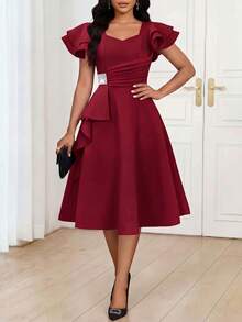 Fleurora Women's Elegant Ruffle Sleeve Sweetheart Neck Rhinestone Waist Midi Dress, Summer - Burgundy - View 1