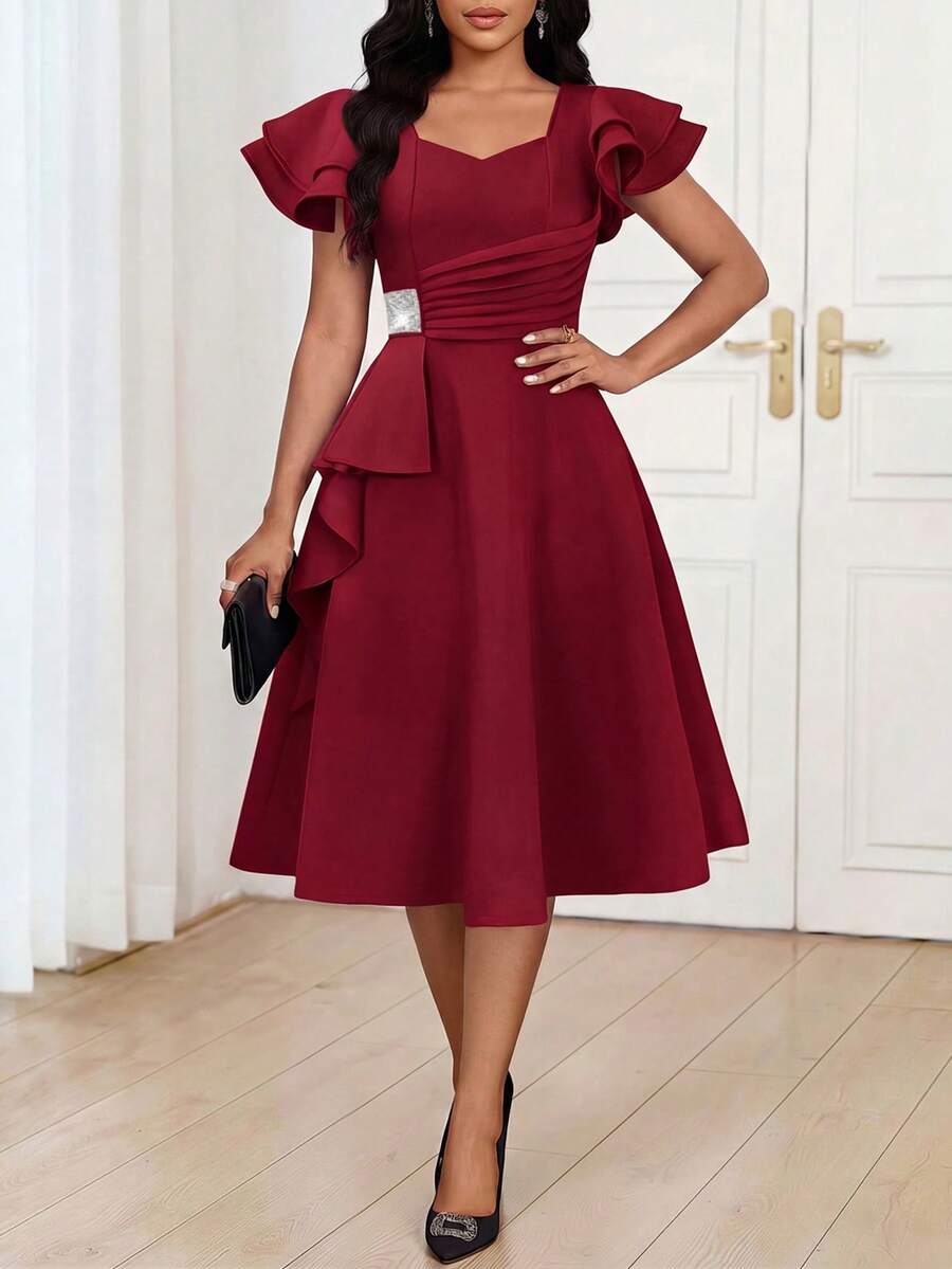 Fleurora Women's Elegant Ruffle Sleeve Sweetheart Neck Rhinestone Waist Midi Dress, Summer - Burgundy - View 1
