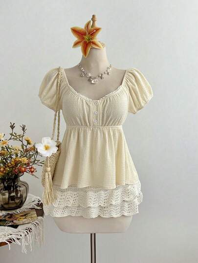 Elamini Women's Comfortable Square Neck Short Sleeve Blouse, Suitable For Beach Vacation, Dating, Versatile