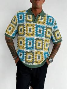 Manfinity Homme Camiseta de punto casual de manga corta con estampado geométrico para hombre - Verde Oliva - Ver 3