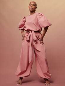 Vixey 纯色梭织蓬松花瓣袖松紧腰带上衣 - 粉色 - 查看 1