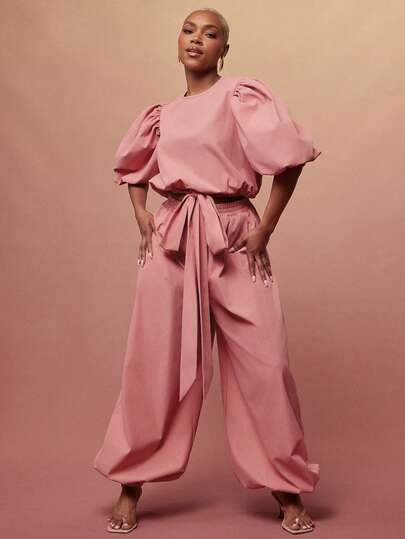 Vixey 纯色梭织蓬松花瓣袖松紧腰带上衣