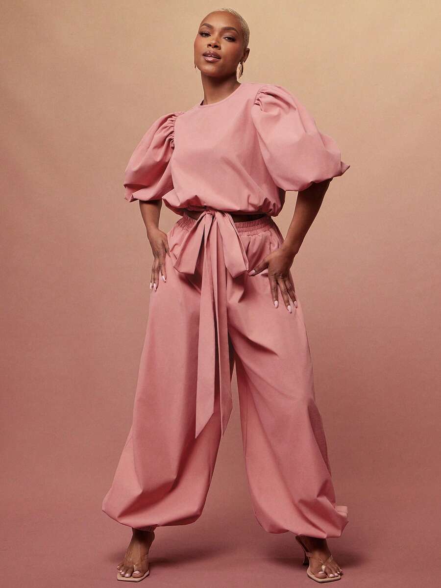 Vixey 纯色梭织蓬松花瓣袖松紧腰带上衣 - 粉色 - 查看 1