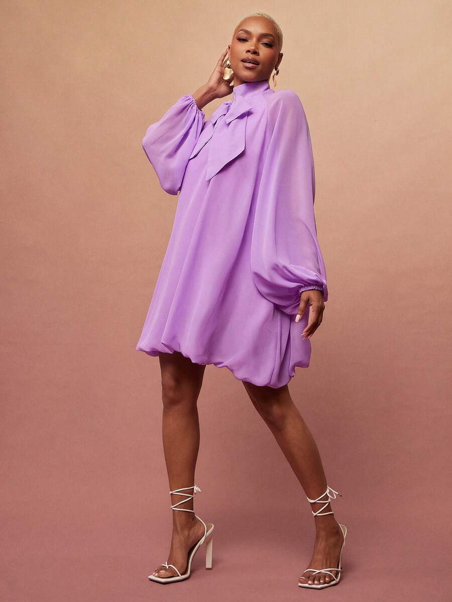 Vixey 泡泡袖及下摆高领蝴蝶结雪纺连衣裙 - 淡紫色 - 查看 1