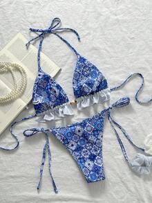 Swim Mod Swim Suits For Women Women's Summer Beach Solid Color Ruffle Trim Halter Neck Tie Two Pieces Bikini Set - Multicolor - View 2