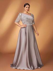 Serin 大码优雅奢华香槟色亮片刺绣拼接缎面不对称领短袖A字连衣裙，适合各种正式场合，新娘母亲礼服 - 香檳色 - 查看 3