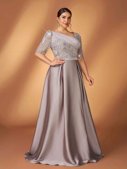 Serin Plus Size Elegant Luxurious Champagne Sequin Embroidery Patchwork Satin Asymmetric Neck Short Sleeve A-Line Dress, Suitable For All Formal Occasions, Bridal Mother Dress