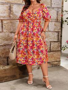 Breezaya Orange Bohemian Floral Deep V Puff Sleeve Split Dress - Orange - View 10