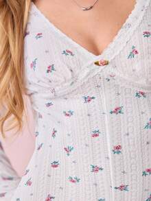 Bonmuse Women's Long Sleeve Floral Print Contrast Lace Trim Fitted Jumpsuit Pajamas - White - View 5