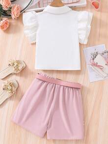 Sparklyn Conjunto de blusa de manga corta y pantalones cortos con lentejuelas para niñas preadolescentes, ideal para vacaciones, verano y viajes - Rosa - Ver 2