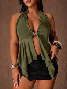 Rustia Plus Size Women Metal Decor Tie-Neck Ruffle Hem Casual Versatile Top - Army Green - View 3
