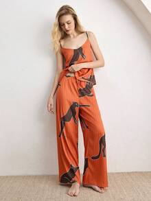 Ocili Bohemian Satin Leopard Animal Lace Minimalist Draped Neck 2-Piece Set, Spaghetti Strap Long Pants, Comfortable Women Sleepwear Pajama Set - Coral Orange - View 2