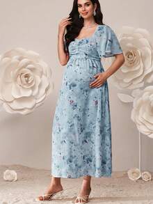 SHEIN 夏季孕妇优雅印花褶皱胸部连衣裙 - 淺藍色 - 查看 6