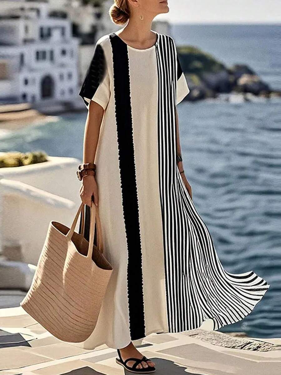 EMERY ROSE 女士休闲宽松拼接圆领连衣裙，适合日常穿着、约会和外出，夏季休闲连衣裙，度假装，女士度假连衣裙，休闲长裙，黑白连衣裙，女士短袖夏季连衣裙，女士度假套装，女士夏季连衣裙，女士夏季套装，条纹连衣裙，女士休闲连衣裙，黑白连衣裙 - 彩色 - 查看 1