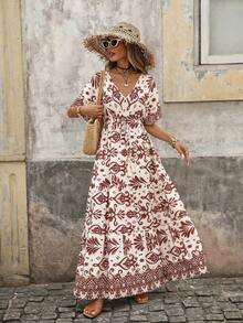 Brillora 女士优雅浪漫度假印花连衣裙，春夏款 - 巧克力棕 - 查看 14