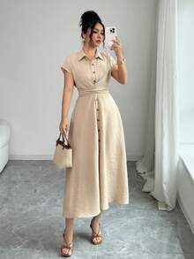 Elenzga 女士春夏优雅休闲卡其色蝴蝶结腰带修身单排扣立领短袖衬衫裙 - 卡其色 - 查看 6