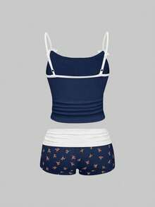 ROMWE J-Fashion 女士可爱小鹿刺绣蕾丝吊带背心和小鹿印花短裤套装 - 藏蓝色 - 查看 2