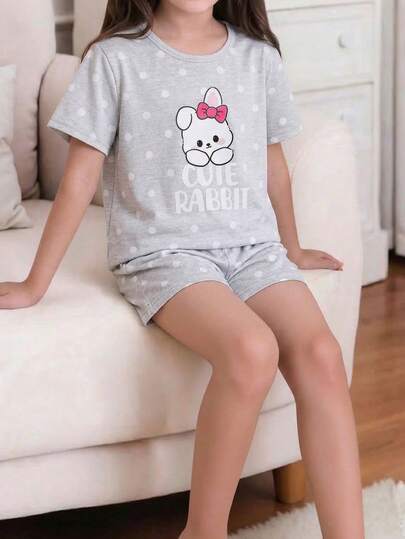 女童可爱兔子波点印花短袖上衣和短裤两件套休闲舒适宽松针织睡衣套装