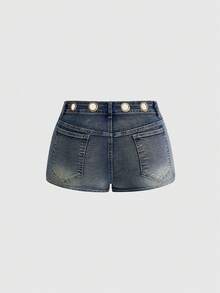 ROMWE Grunge Punk Pantalones cortos de mezclilla súper cortos con decoración de metal vintage punk para mujer de talla grande - Azul - Ver 2