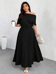 Firerie Đầm cỡ lớn màu trơn, vai lệch, kiểu dáng tối giản, thường ngày. - màu đen - Xem 6