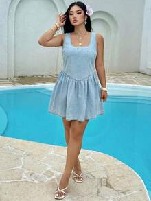 Sunnyshic Plus Size Women Casual Everyday Ruffle Hem Denim Dress - Light Wash - View 2