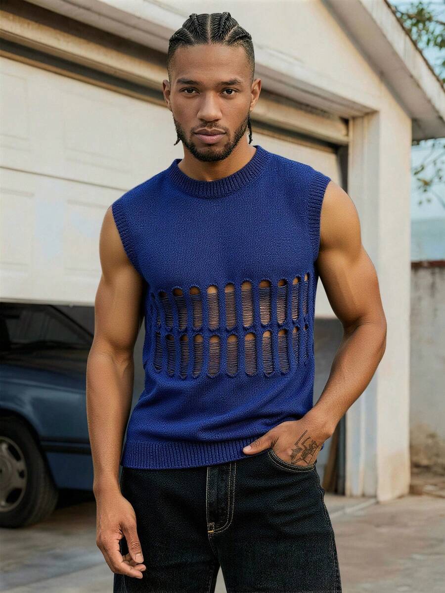 AXEPEAK Men's Solid Color Crew Neck Sleeveless Hollow-Out Knit Top - Blue - View 1