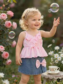 Souflis Souflis 2pcs Baby Girls Pink Striped Bow Print Ruffle V-Neck Sleeveless Top + A-Line Elastic Waist Washed Blue Denim Skirt Shorts Set, Cute & Casual Korean Style Suitable For Summer Daily Outings, Shopping, School, Travel, Photography, Picnic, Park, Amusement, Beach, Party, Etc. - Pink - View 4