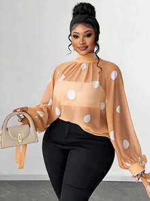 Maweii Plus Size Elegant Sheer Polka Dot Mock Neck Loose Cuffed Bow Tie Cuff Long Sleeve Blouse - Cream - View 5