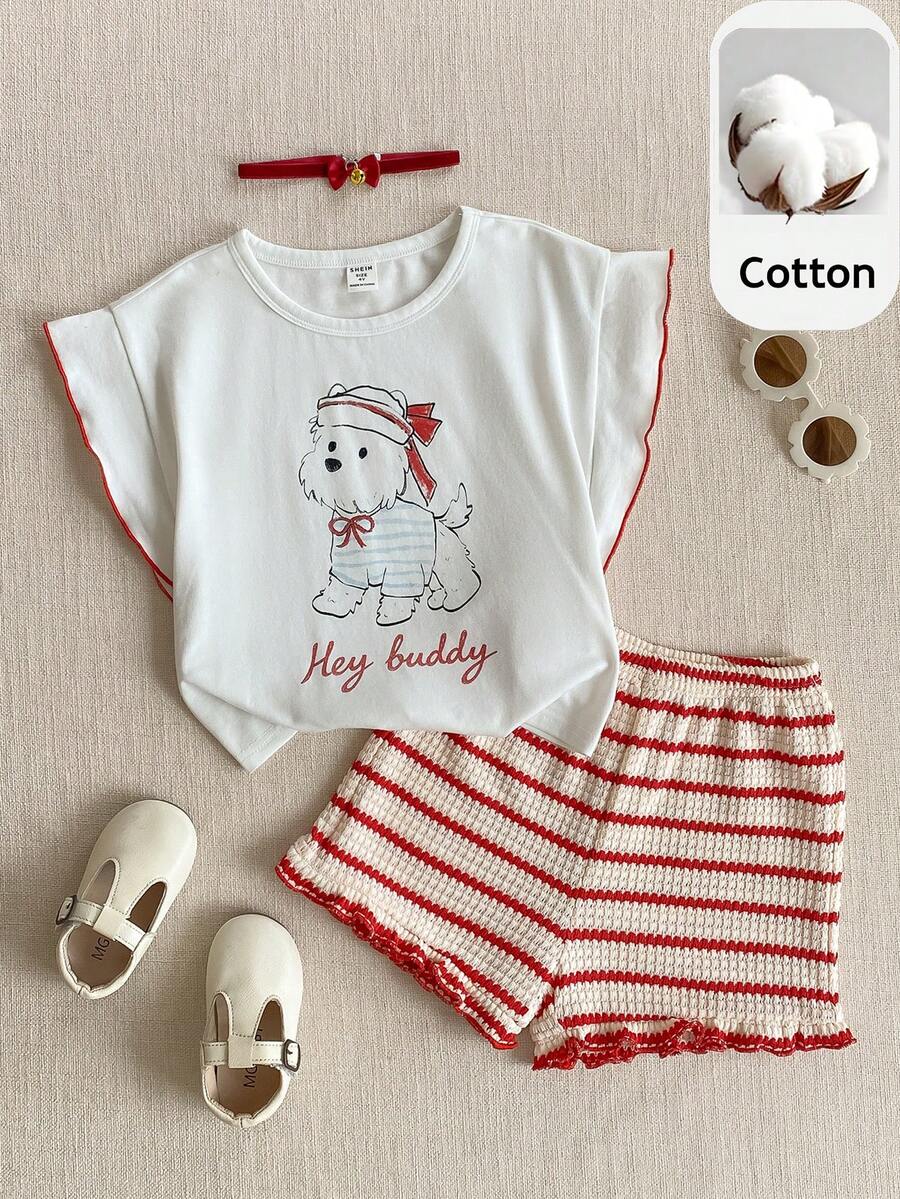 PrepCrw Bộ 2 món cho bé gái, kiểu dáng thường ngày, thanh lịch, in hình cún con dễ thương, gồm áo thun trắng cổ tròn tay ngắn và quần short kẻ sọc đỏ, thích hợp cho đi học, mặc hàng ngày, du lịch, dự tiệc, lễ hội, mùa xuân và mùa hè. - Nhiều màu - Xem 1