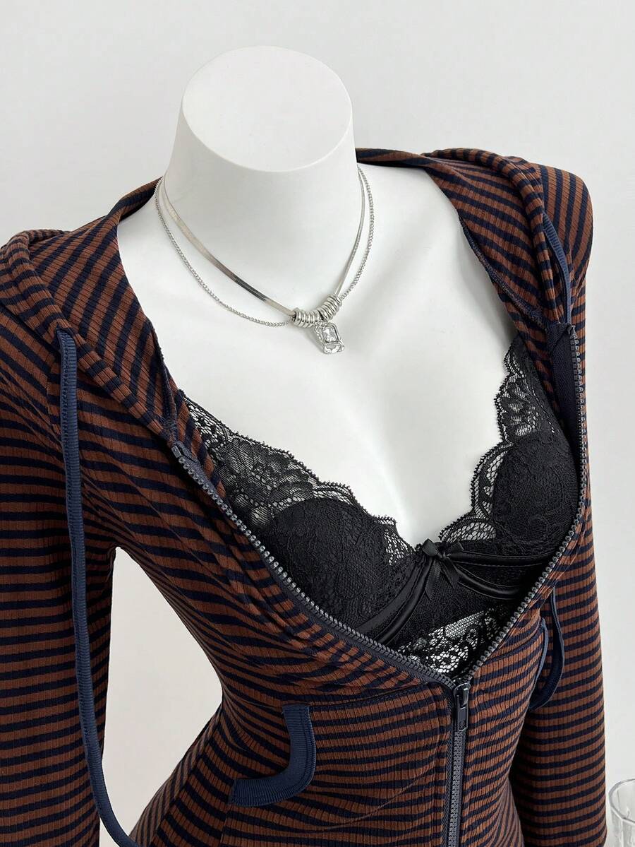 Elamini 女士条纹长袖连帽卫衣，万圣节服装 - 棕色 - 查看 1