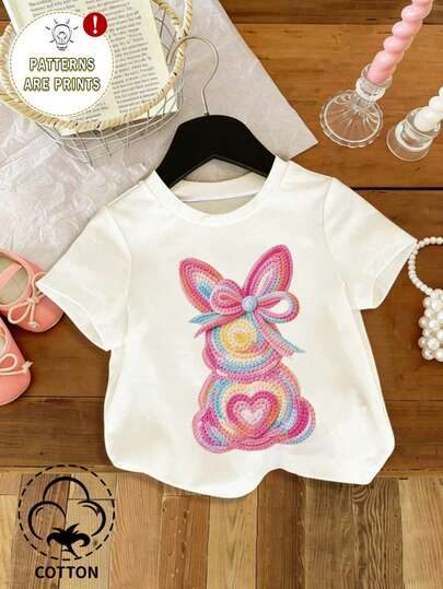 Baby Girls' Fashion Sweet Bunny Pattern Round Neck Short Sleeve T-Shirt, Versatile Comfortable Round Neck Tee Suitable For Spring And Summer, Lightweight And Comfortable, Ideal For Summer Wear, Fashionable Casual Outfit, Suitable For Spring/Summer Street, Outings, Back To School, Parties, Outdoor Picnics, Street Photography, Campus, Festivals, Gifts
