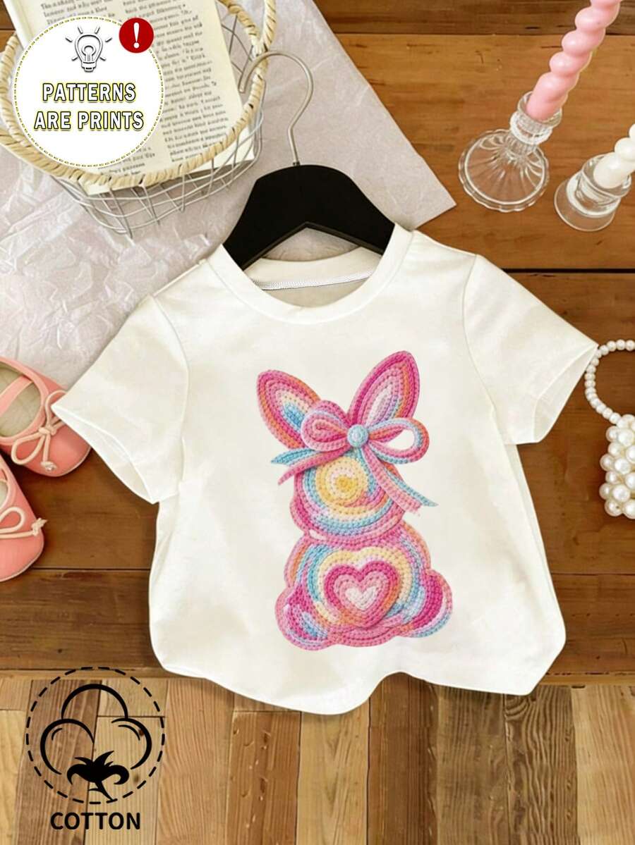 Áo thun ngắn tay cổ tròn họa tiết thỏ dễ thương cho bé gái, kiểu dáng đa năng, thoải mái, phù hợp cho mùa xuân và mùa hè, nhẹ nhàng và dễ chịu, lý tưởng cho trang phục mùa hè, thời trang thường ngày, phù hợp cho dạo phố, đi chơi, đi học, dự tiệc, dã ngoại, chụp ảnh đường phố, trường học, lễ hội, làm quà tặng mùa xuân/hè. - trắng - Xem 1