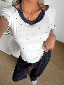 DAZY 2件套女士波点印花无袖上衣和直筒长裤睡衣套装，夏季 - 白色 - 查看 5