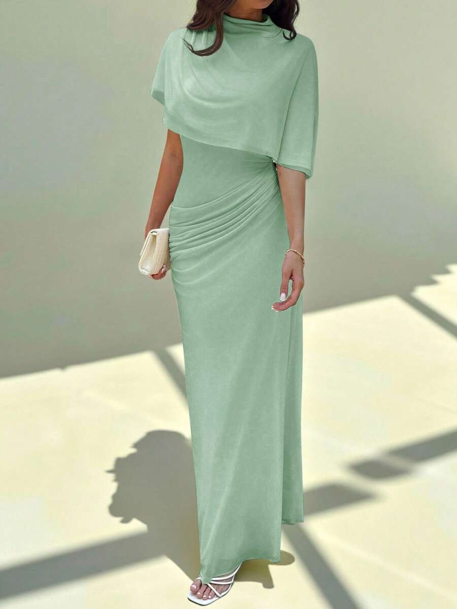 Aloruh Elegant Sage Green Long Dress,Minimalist Commuting Multilayer Ruffle Decor Elastic Waist Summer Dresses For Women,Formal Dining Dates,Summer - Green - View 1