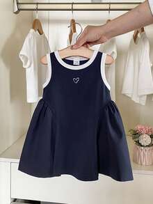 Souflis Souflis 女婴藏蓝色运动休闲针织拼接连衣裙，不对称撞色设计，适合夏季玩耍、居家、度假穿着，甜美可爱 - 寶藍色 - 查看 8