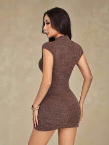 SHEIN PETITE 女士纯色单排扣短袖修身休闲迷你连衣裙，女士秋季服装，女士秋季连衣裙，棕色连衣裙，女士冬季服装，万圣节服装，派对连衣裙，棕色连衣裙 - 棕色 - 查看 3