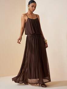 Zivah Summer New Casual Basic Vacation Beach Chiffon Spaghetti Strap Dress - Apricot - Brown - View 5