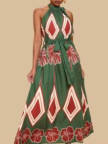 Travachic Plus Size Bohemian Style Apricot Retro Print Halter Dress With Belt, Loose Casual Resort Wear - Green - View 4