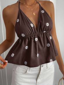 DAZY Áo tank top hai dây in hoa họa tiết toàn thân, thích hợp cho kỳ nghỉ hè của nữ. - màu nâu - Xem 3